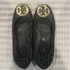 Tory Burch leather ballet flats- black with gold logo. Size 7 1/2